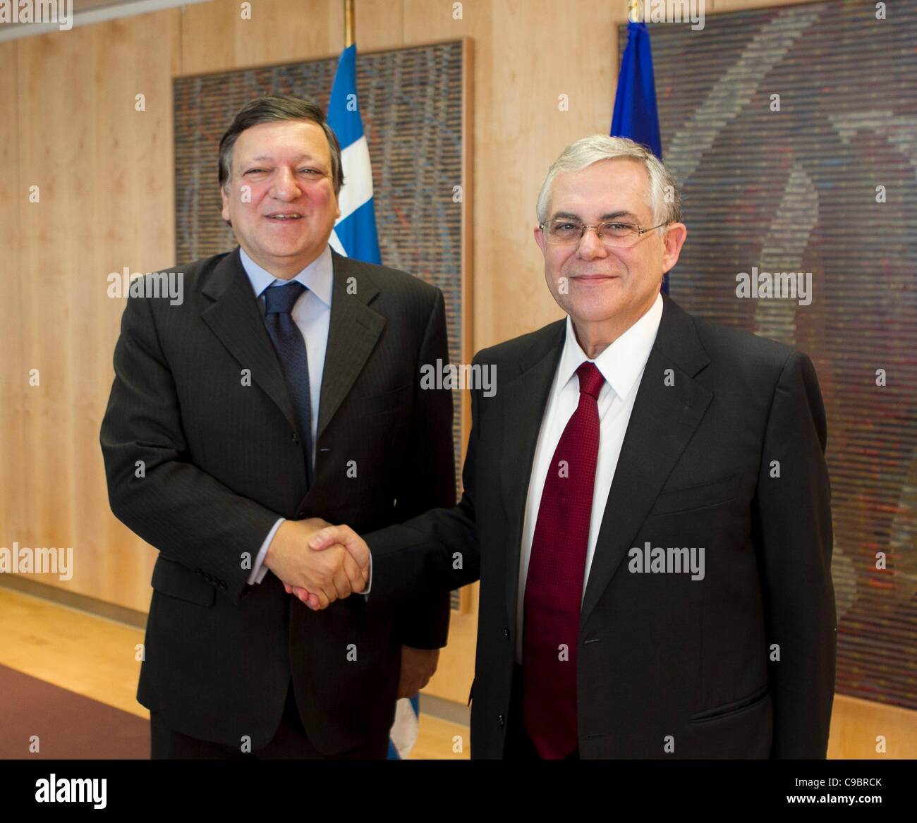 Newly elected Prime Minister of Greece, Lucas Papademos (on the right), pictured during his first meeting with the European Commission President,  Jose Manuel Barroso. Stock Photo