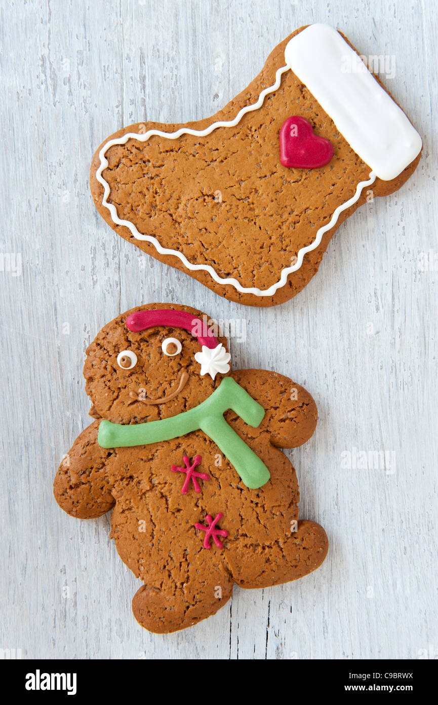 A Gingerbread Man and Gingerbread Stocking, Made Ready For Christmas. Stock Photo
