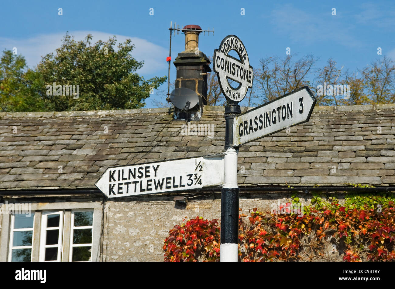 Close up of road sign signpost in Conistone village Wharfedale Yorkshire Dales National Park North Yorkshire England UK United Kingdom Great Britain Stock Photo