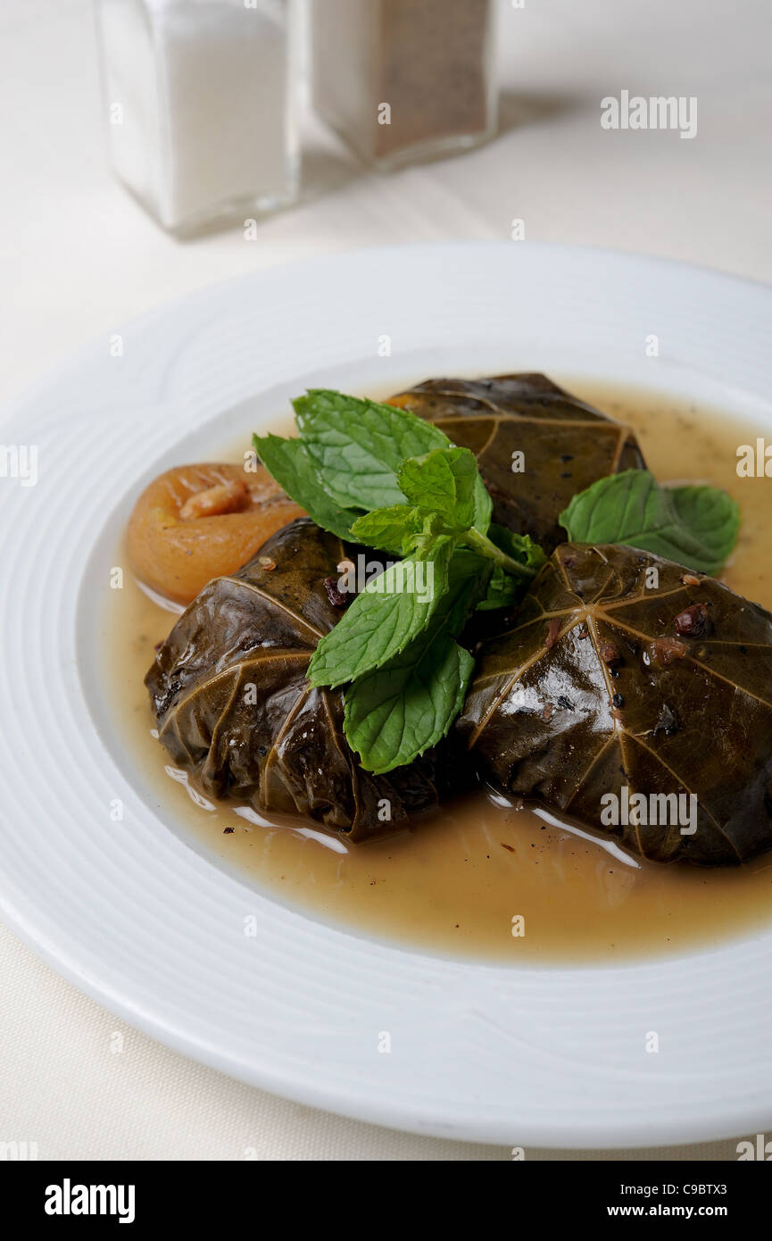 A bowl of stuffed cabbage leaves filled with rice and meat Stock Photo