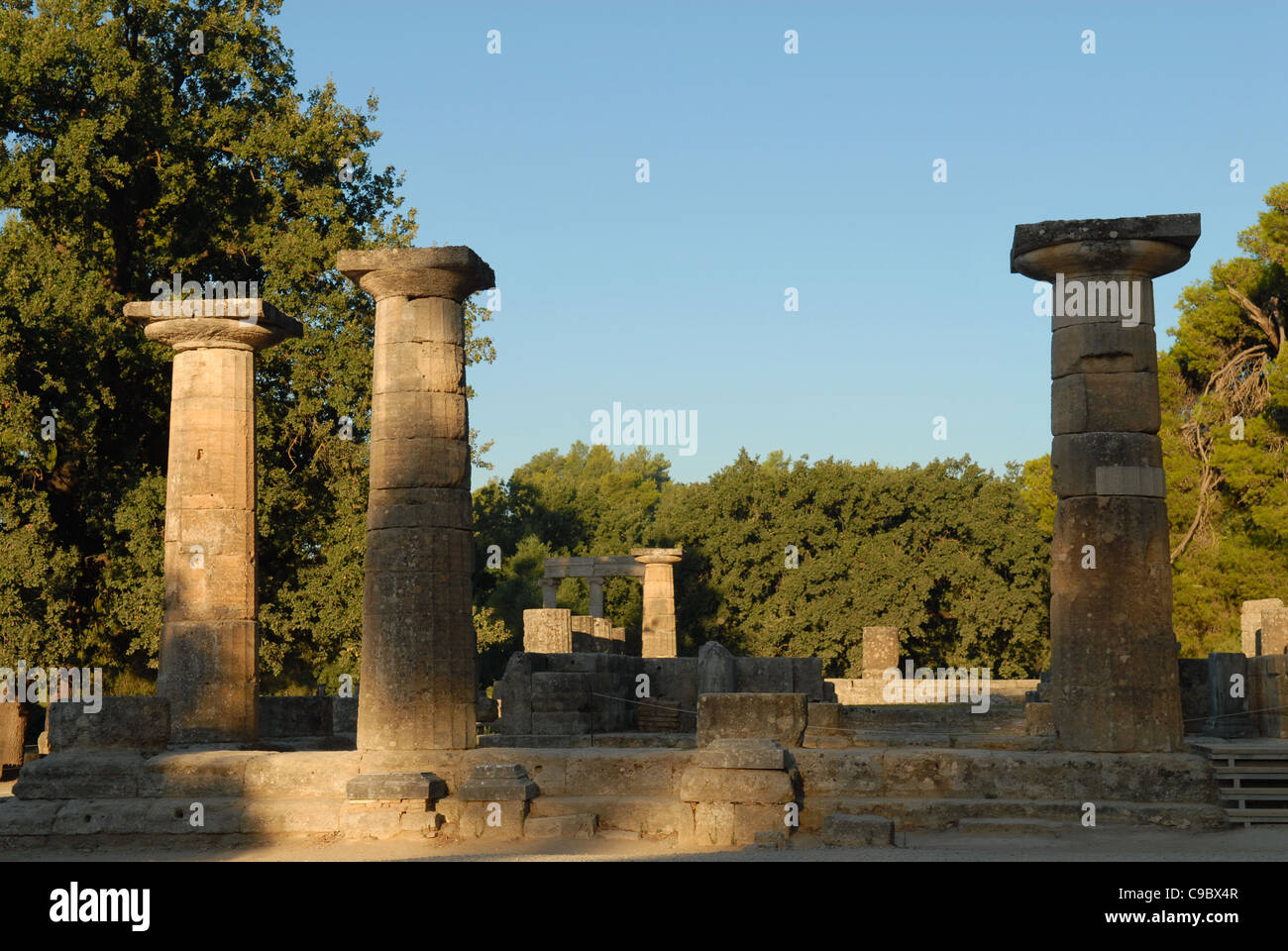 Olympia , Greece in Early Morning before the Crowds Doric Columns Stock Photo