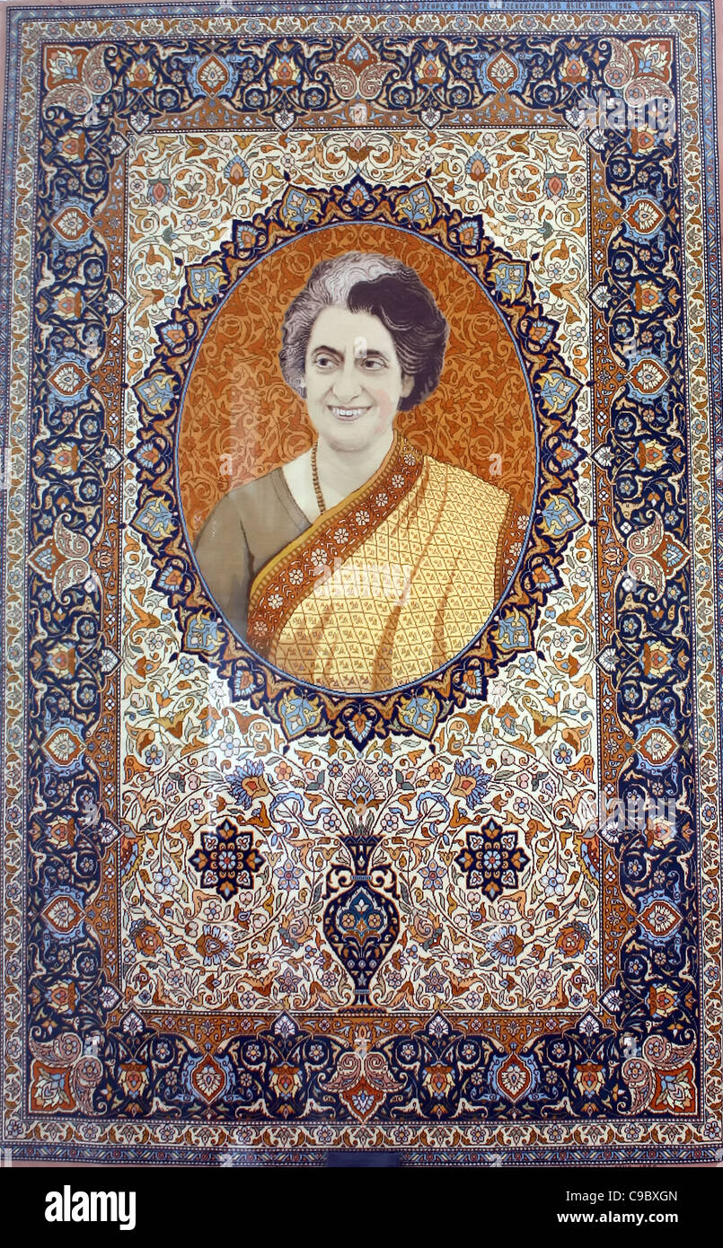 Indira Gandhi portrait on a textile carpet , late Indian prime minister Stock Photo