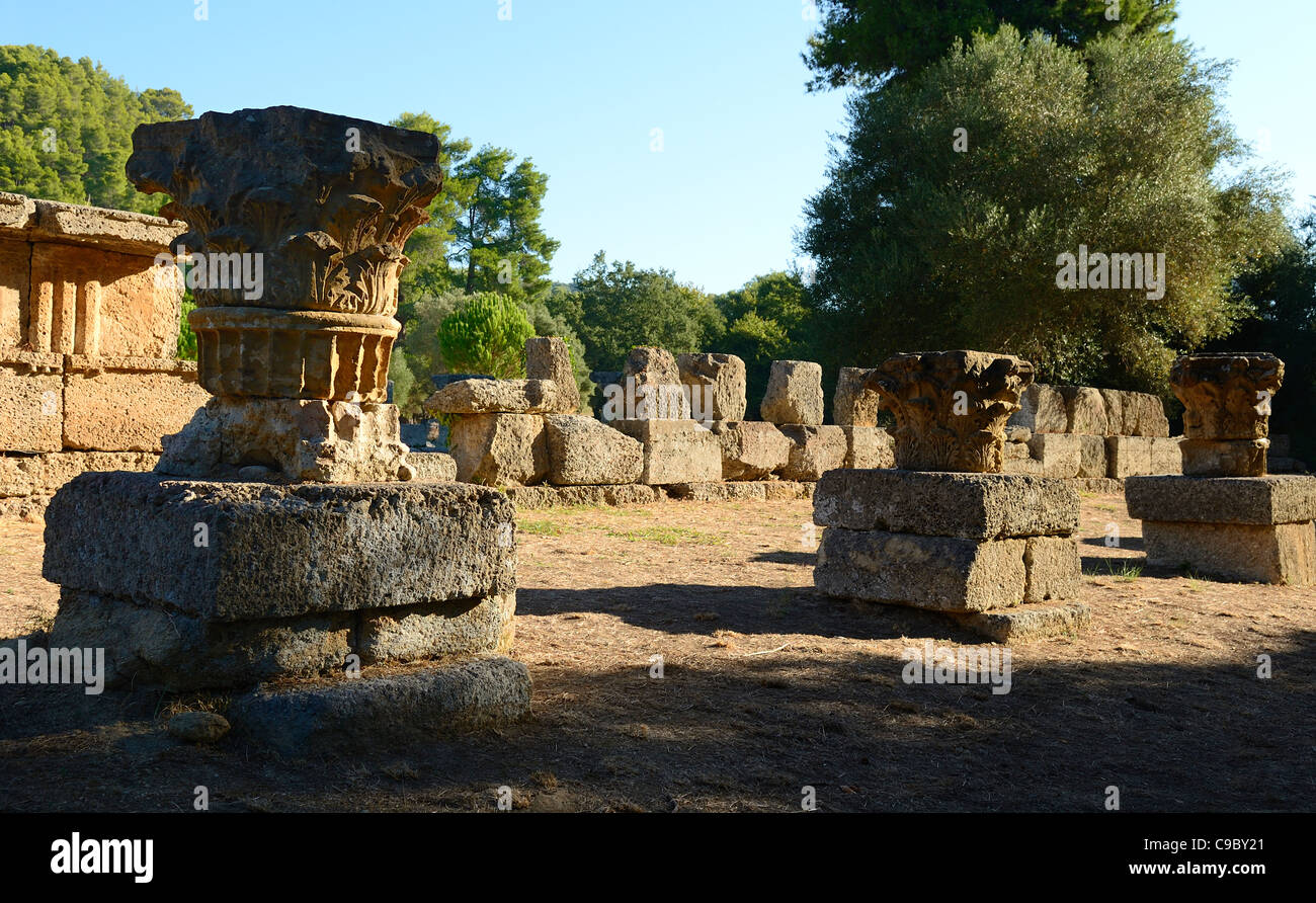 Olympia , Greece in Early Morning before the Crowds Corinthian Capitals Stock Photo