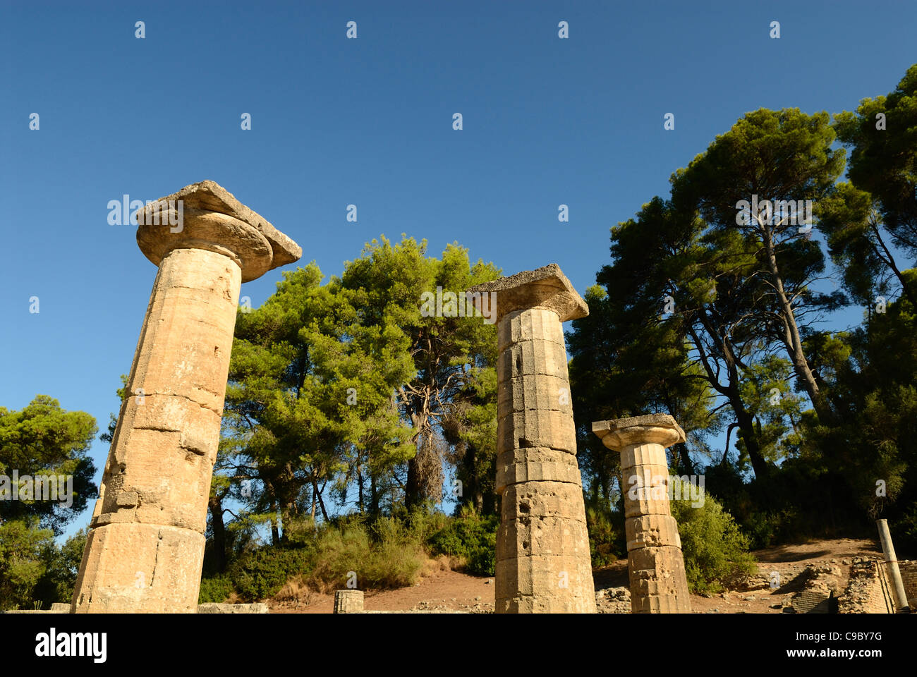 Olympia , Greece in Early Morning before the Crowds Doric Columns Stock Photo