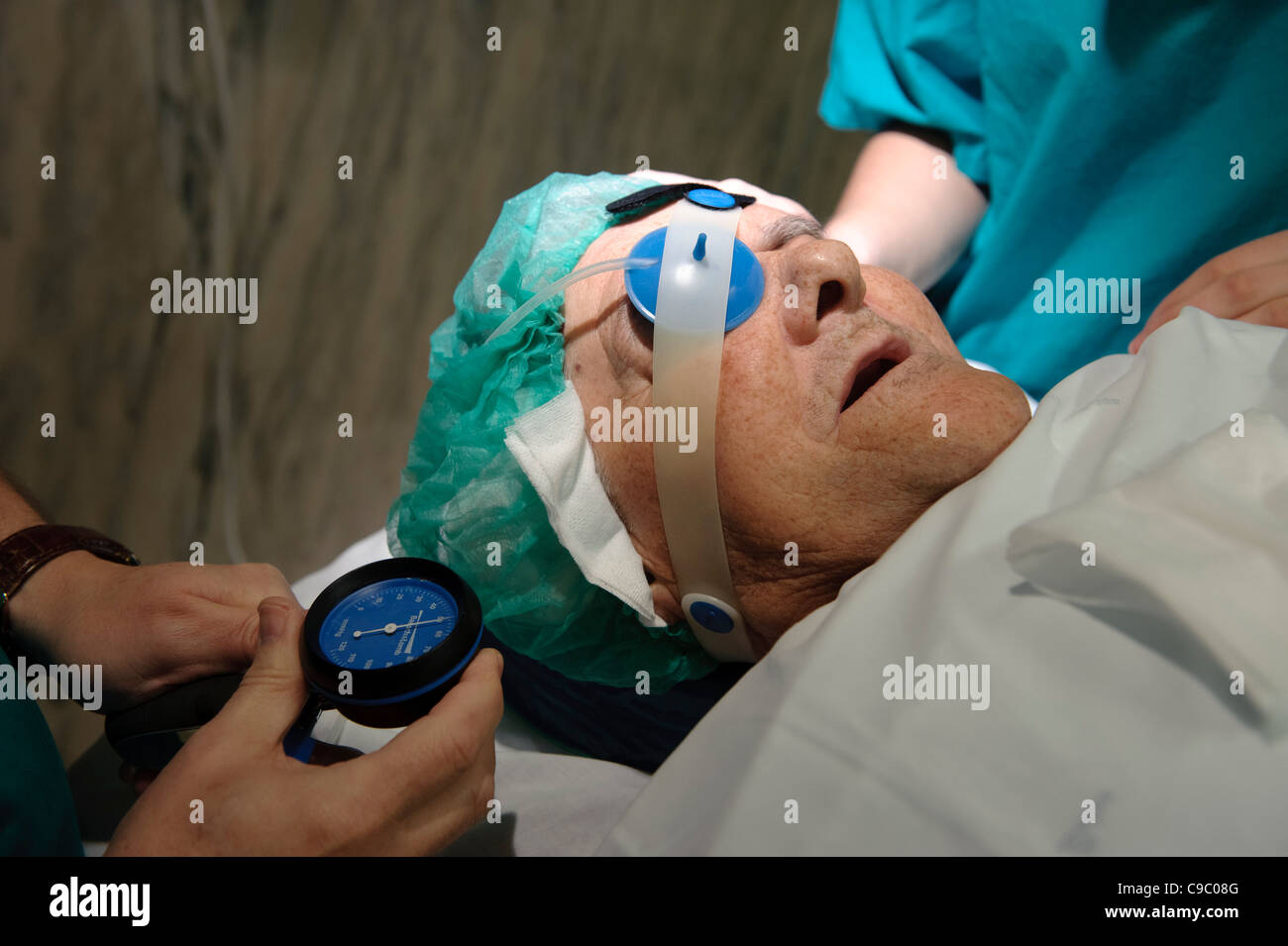 Patient preparing for eye surgery - cataract removal operation Stock Photo