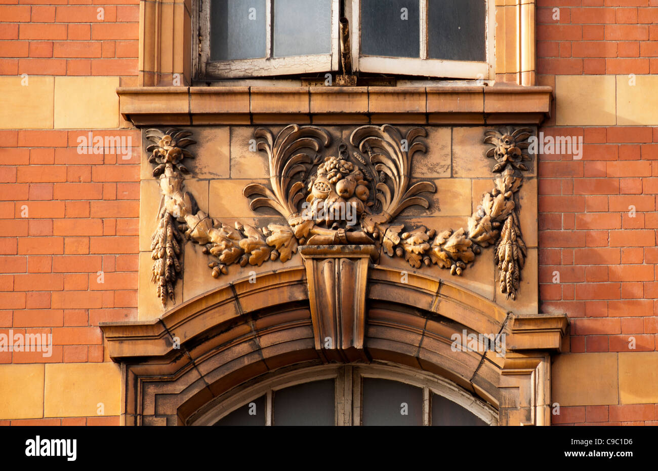 Terracotta relief on the former London Road Fire Station, London Road, Manchester, England, UK Stock Photo