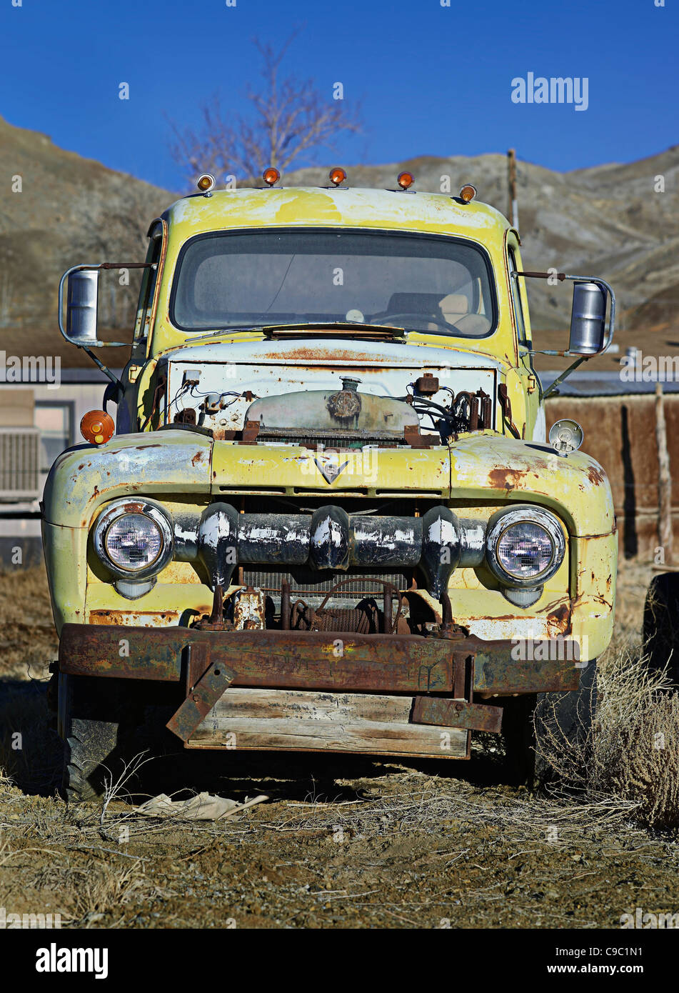 Old Abandoned Junked Yellow Truck, Nevada, USA Stock Photo