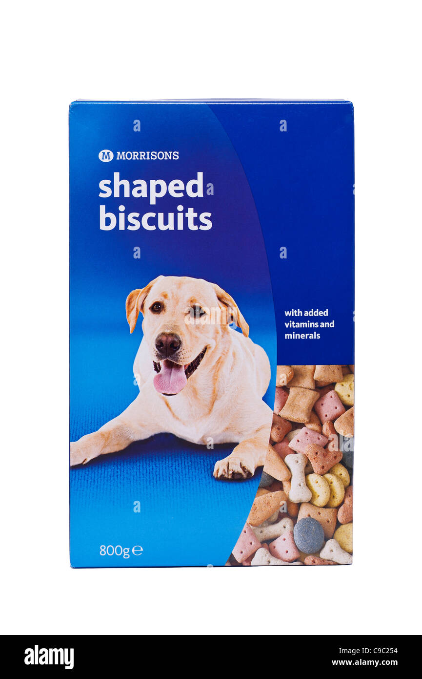 A box of Morrisons shaped dog biscuits on a white background Stock Photo