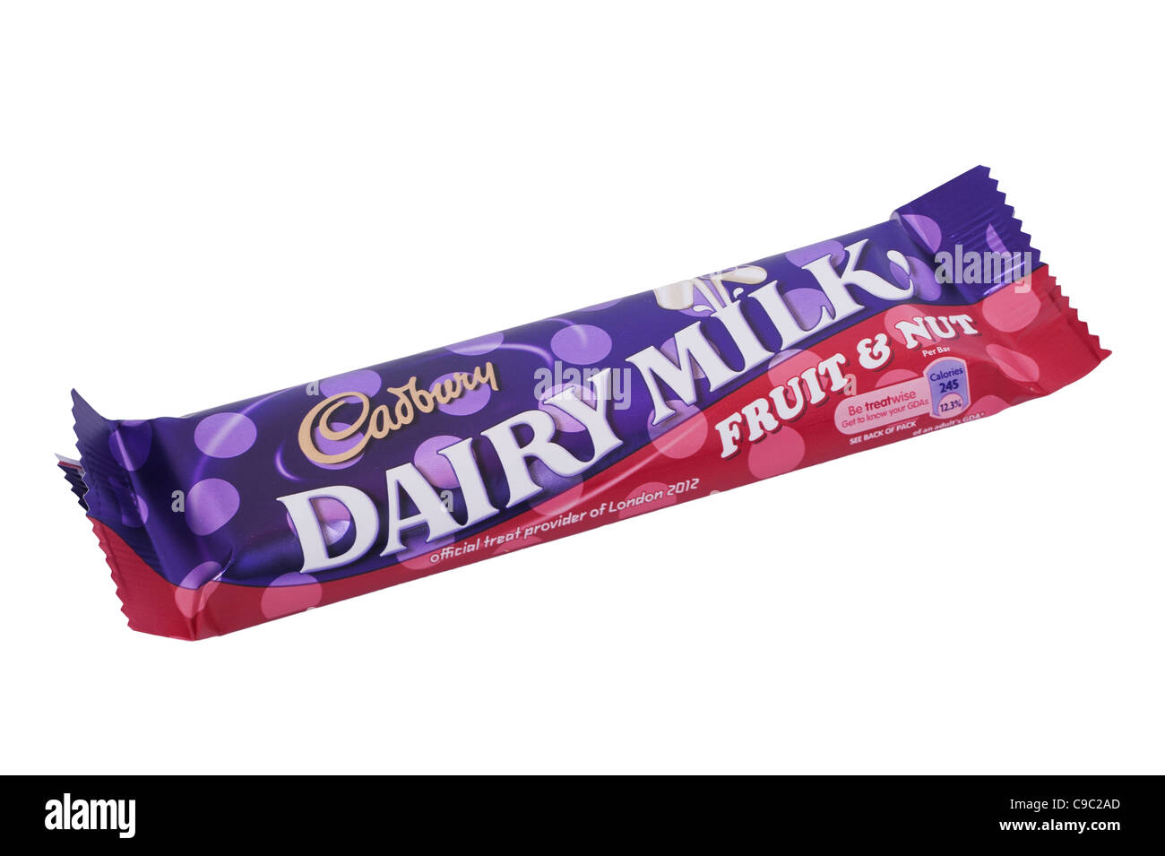 A Cadbury Dairy Milk Fruit & Nut chocolate bar on a white background