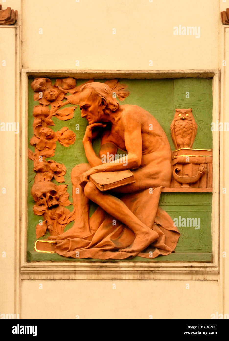 Prague, Czech Republic. Former Topic publishing house building (Topicuv dum; 1910) at Narodni No.9. Facade detail Stock Photo