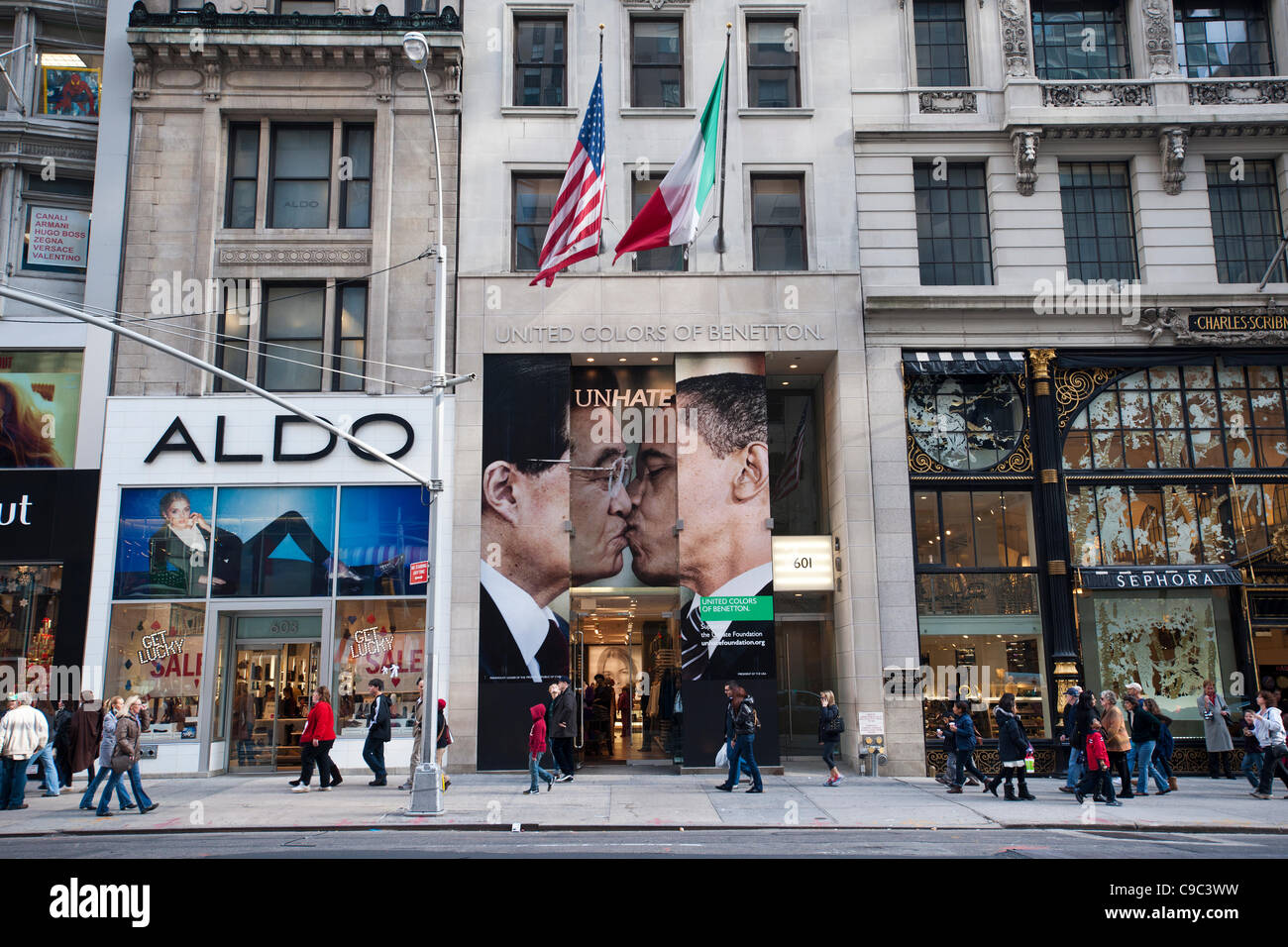 The Benetton store on Fifth Avenue in New York, seen on Sunday, November 20, 2011, displays a doctored photograph of US Pres. Barack Obama kissing China Pres. Hu Jintao as part of the company's 'Unhate' advertising campaign. Stock Photo