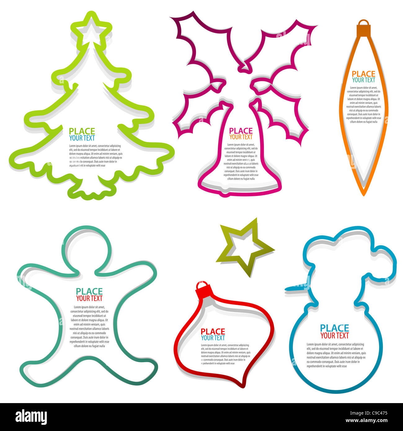 Collect Christmas Speech Bubbles with bell, cake, tree, element for design, vector illustration Stock Photo