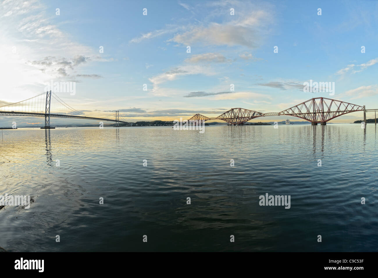 The Bridges, Firth of Forth, near Edinburgh, Scotland, at sunset, from South Queensferry Stock Photo