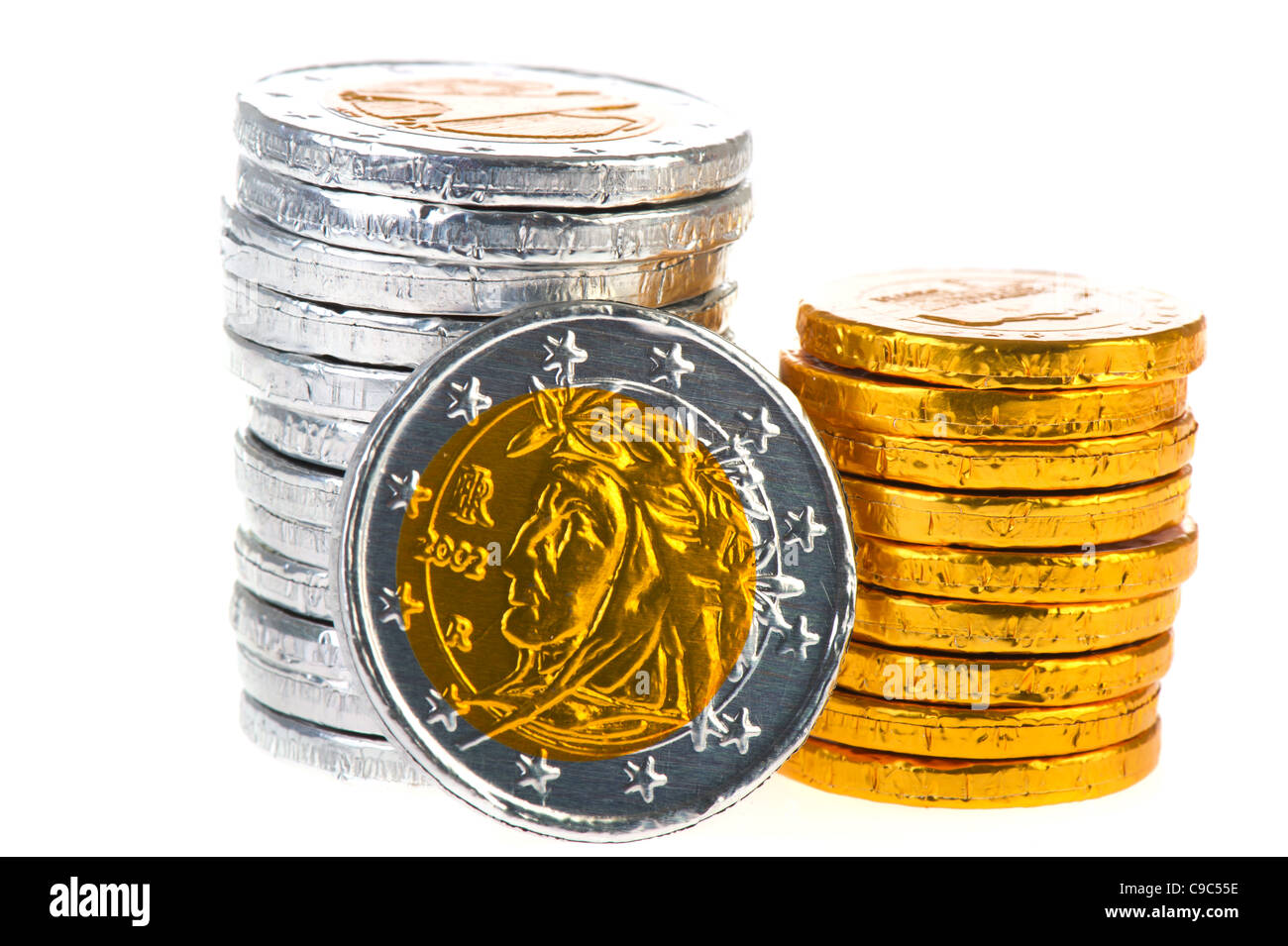 Stacked chocolate Euro coins isolated over white background Stock Photo ...