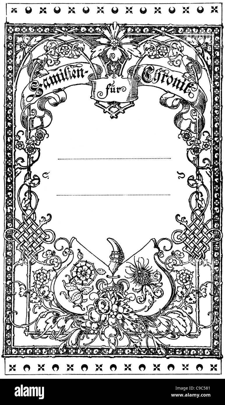 Frame with a beautiful ornament 'Family Chronicles'. Book of Psalms. Germany, circa 1893 Stock Photo