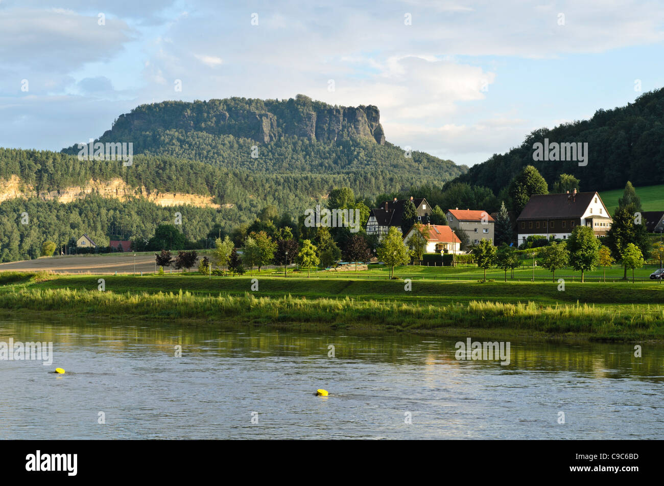 Elbe River near Kurort Rathen with view of Lilienstein Mountain, Saxon Switzerland, Germany Stock Photo