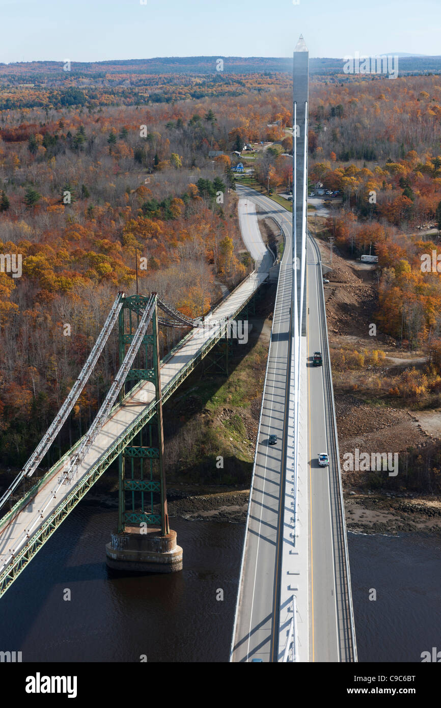 The Waldo–Hancock Bridge and the new Penobscot Narrows Bridge, span the Penobscot river near Prospect, Maine. Stock Photo