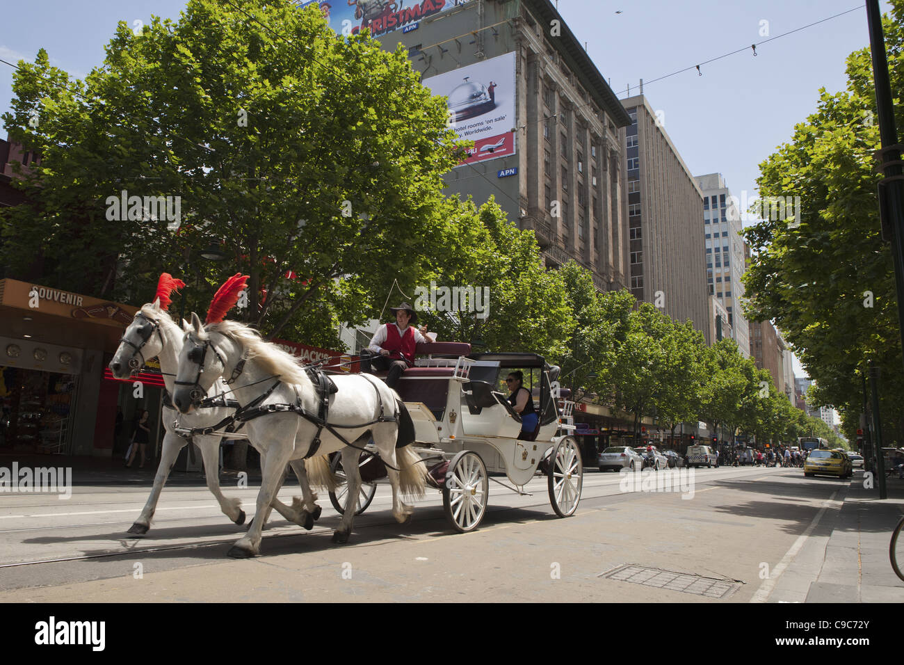 Sunny Melbourne day on the City public transport systems.horse drawn