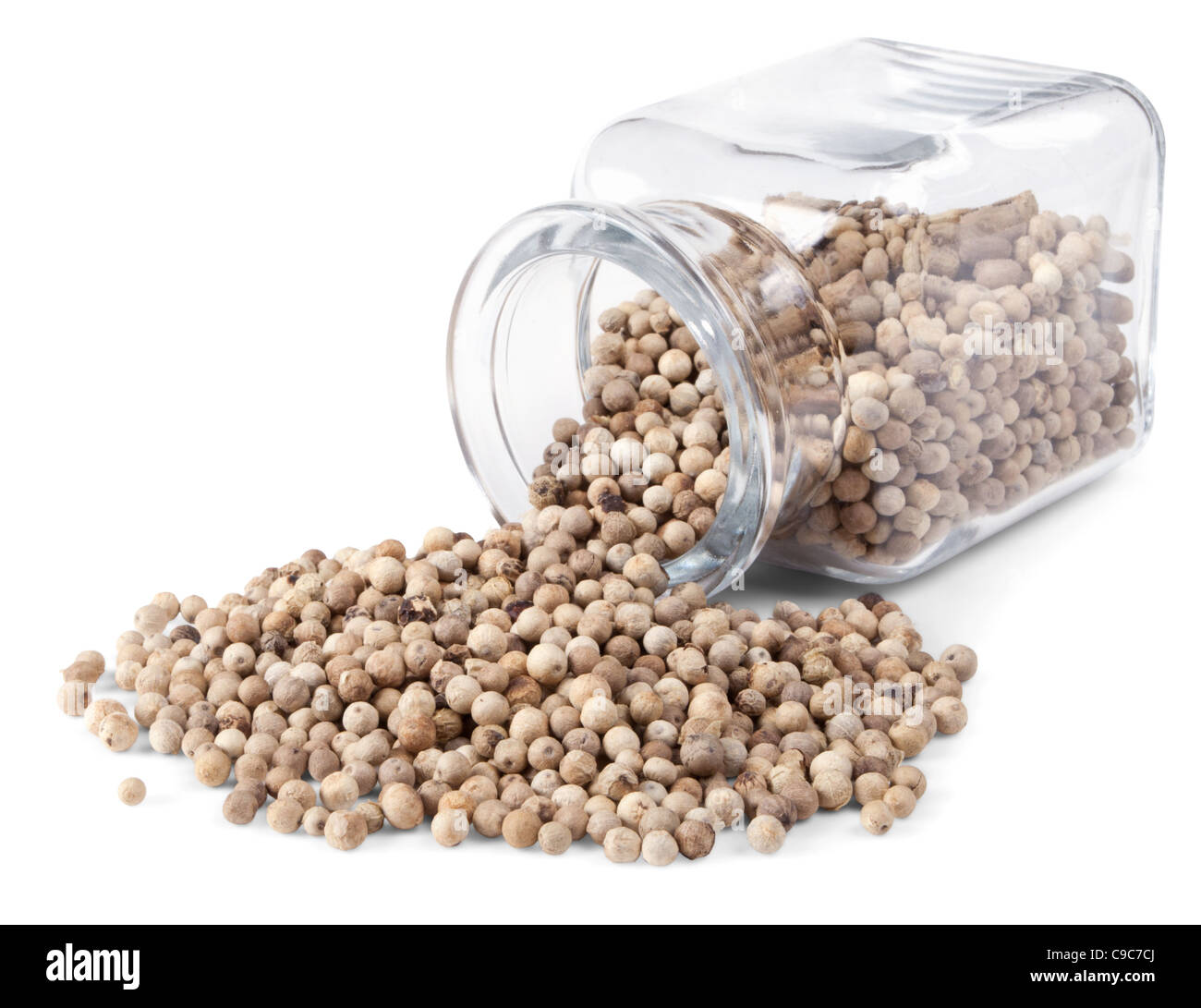 White pepper is scattered on a white background from glass bottle Stock Photo