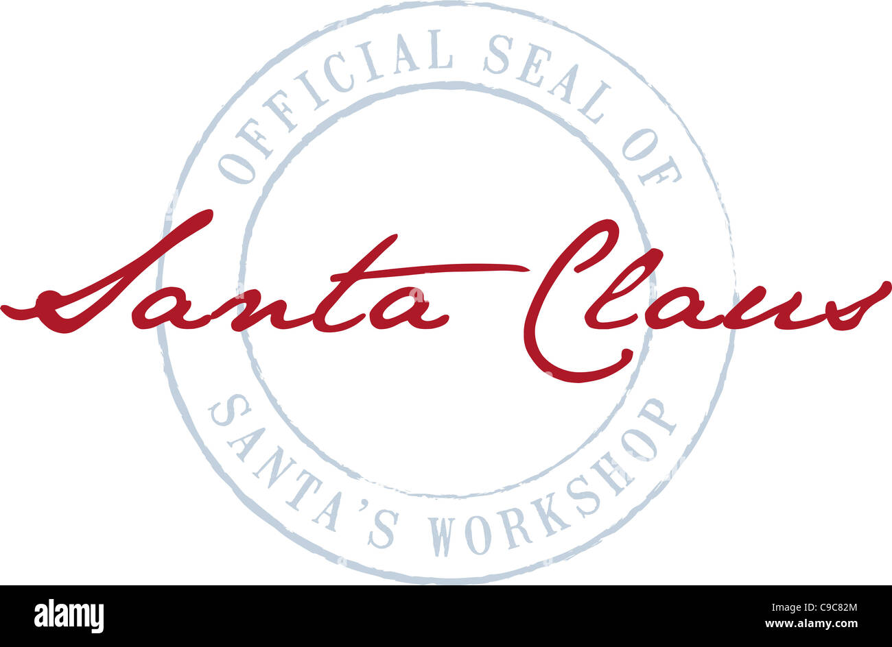 Santa Claus's red signature is signed on top of the circular official seal of Santa's workshop which is a faded gray color. Stock Photo