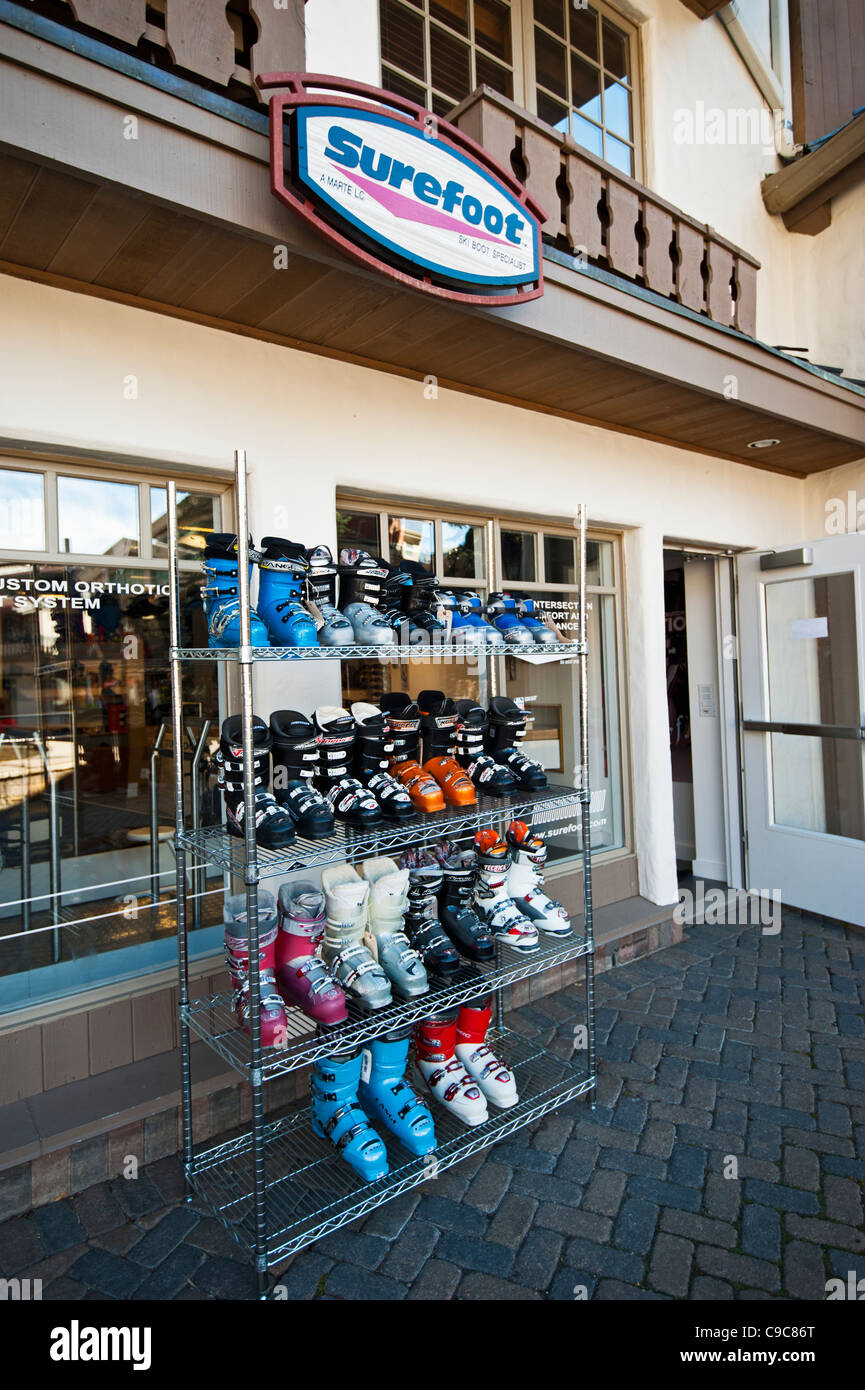 'Surefoot' 'Ski Boot Specialists' a popular ski boot retail store in Vail Colorado. Stock Photo