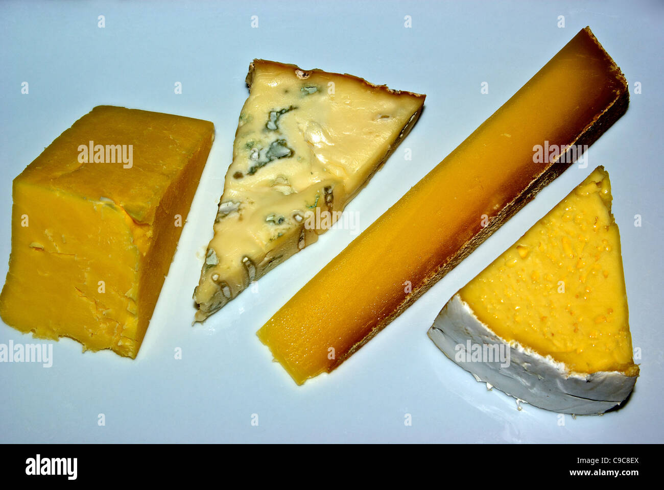 Wedges aged New Zealand cheddar, hard French, and ripe soft Italian gorgonzola cheeses on plate Stock Photo
