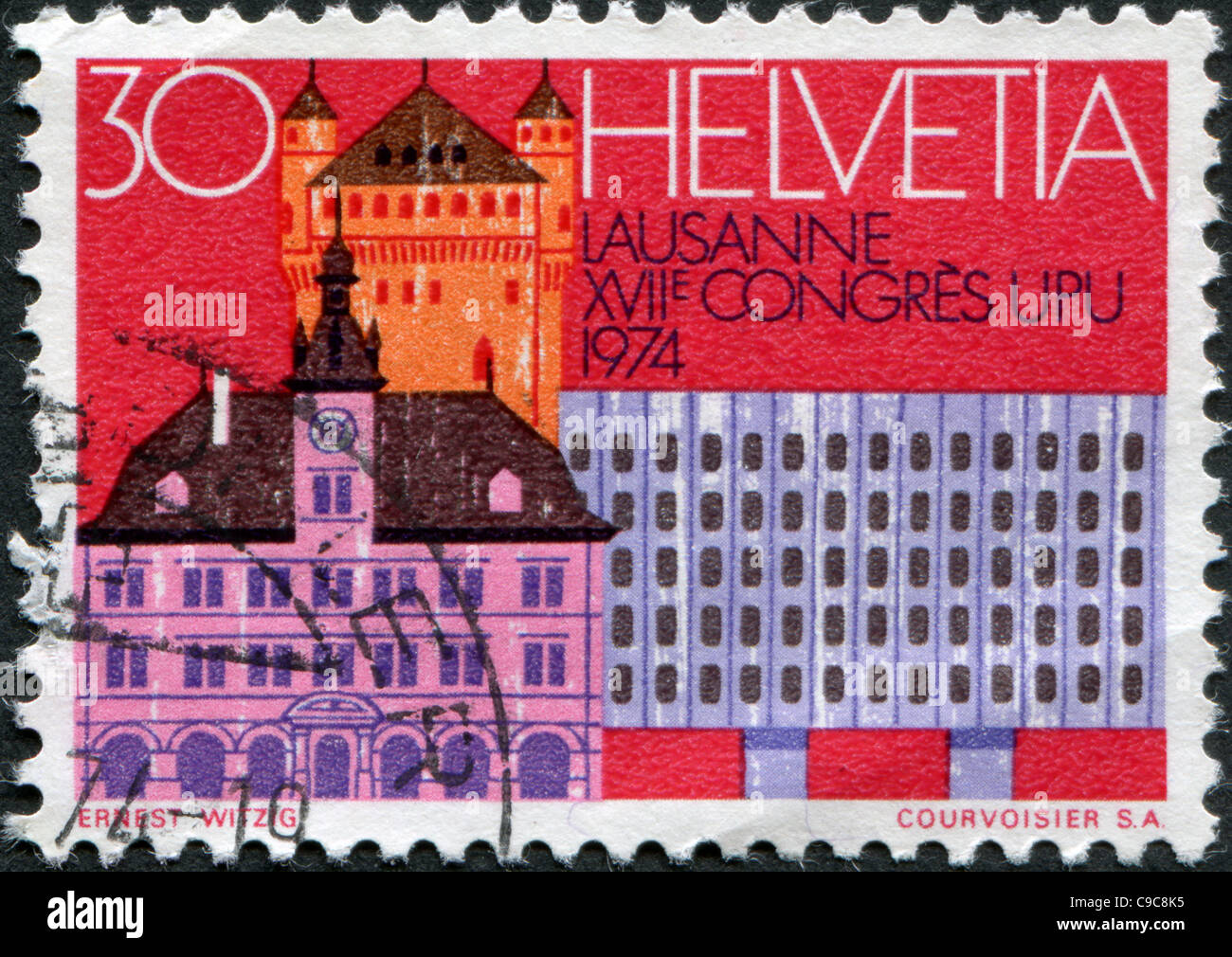 SWITZERLAND 1974: A stamp printed in Switzerland, shows Castle, Town Hall, Chauderon Center, Lausanne Stock Photo