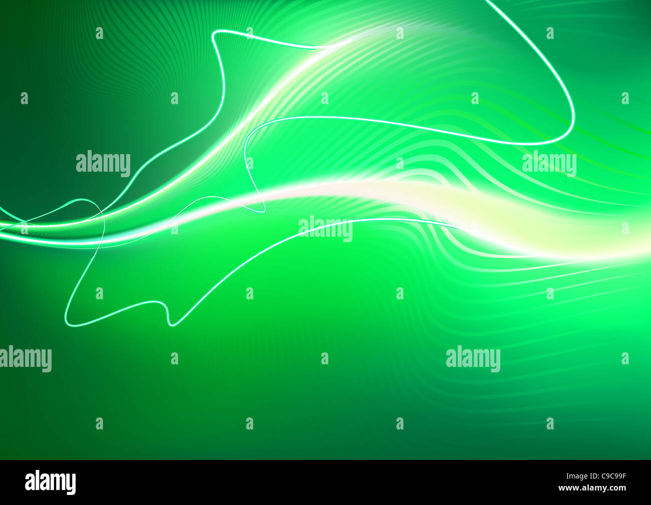 illustrated green futuristic background resembling a jellyfish-like creature at top speed on top of motion-blurred fire Stock Photo