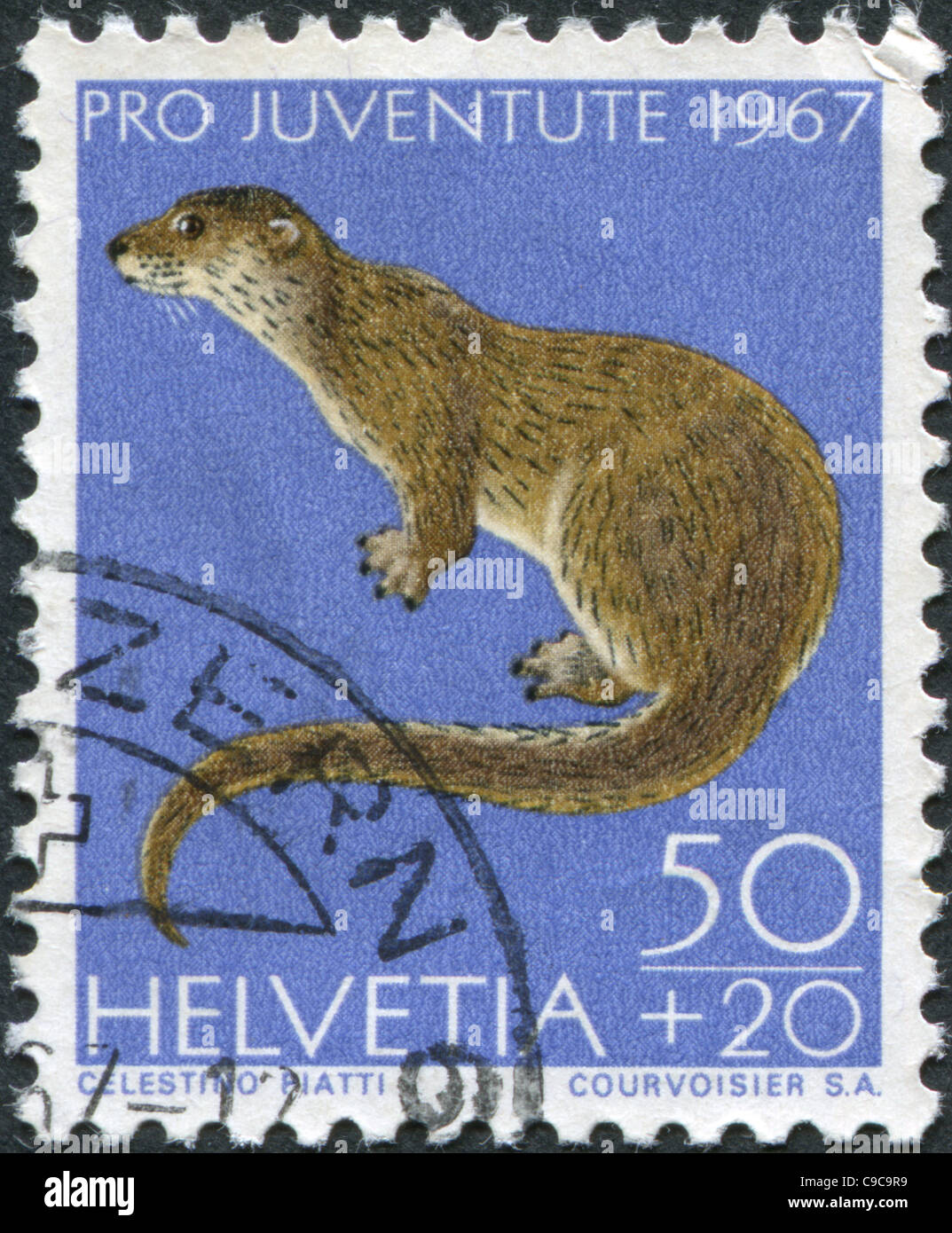 SWITZERLAND 1967: A stamp printed in Switzerland, shows the European Otter (Lutra lutra) Stock Photo