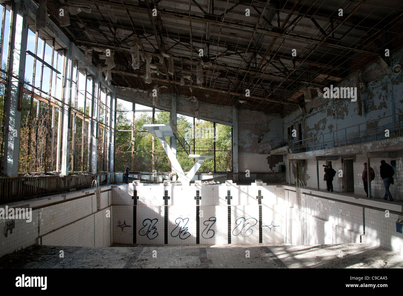 Diving board at the abandoned and derelict Azure swimming pool in