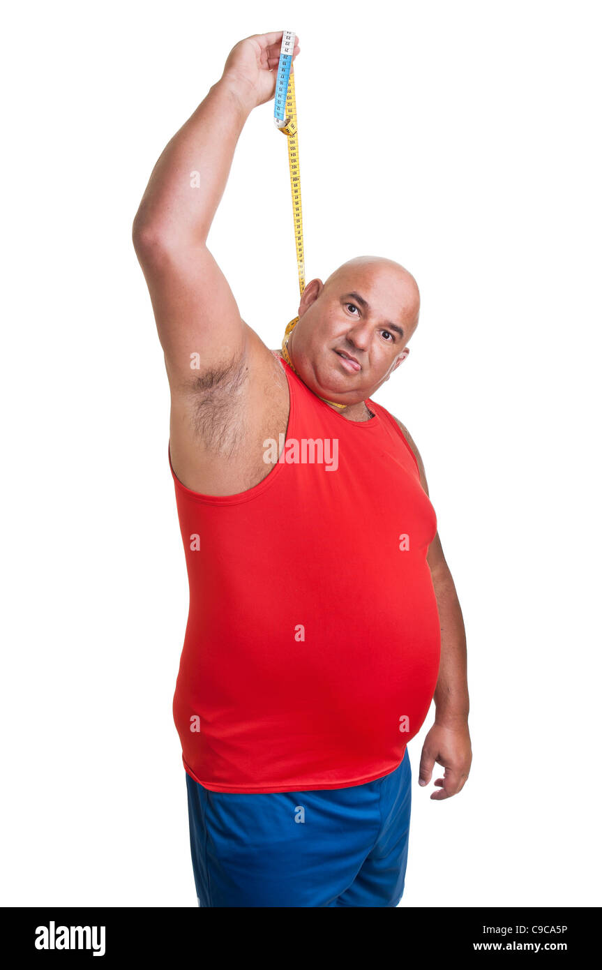 Large desperate man hanging himself with a measuring tape isolated in white Stock Photo