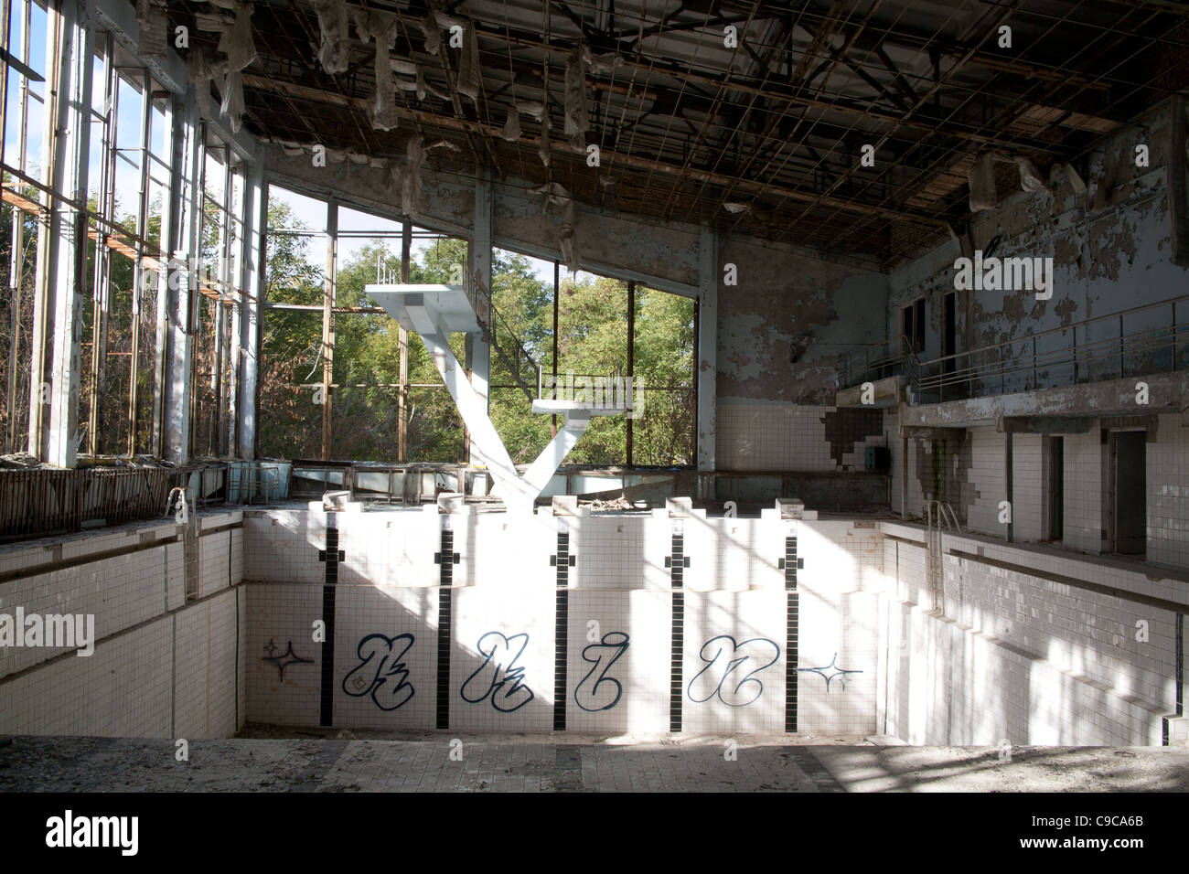 Diving board at the abandoned and derelict Azure swimming pool in