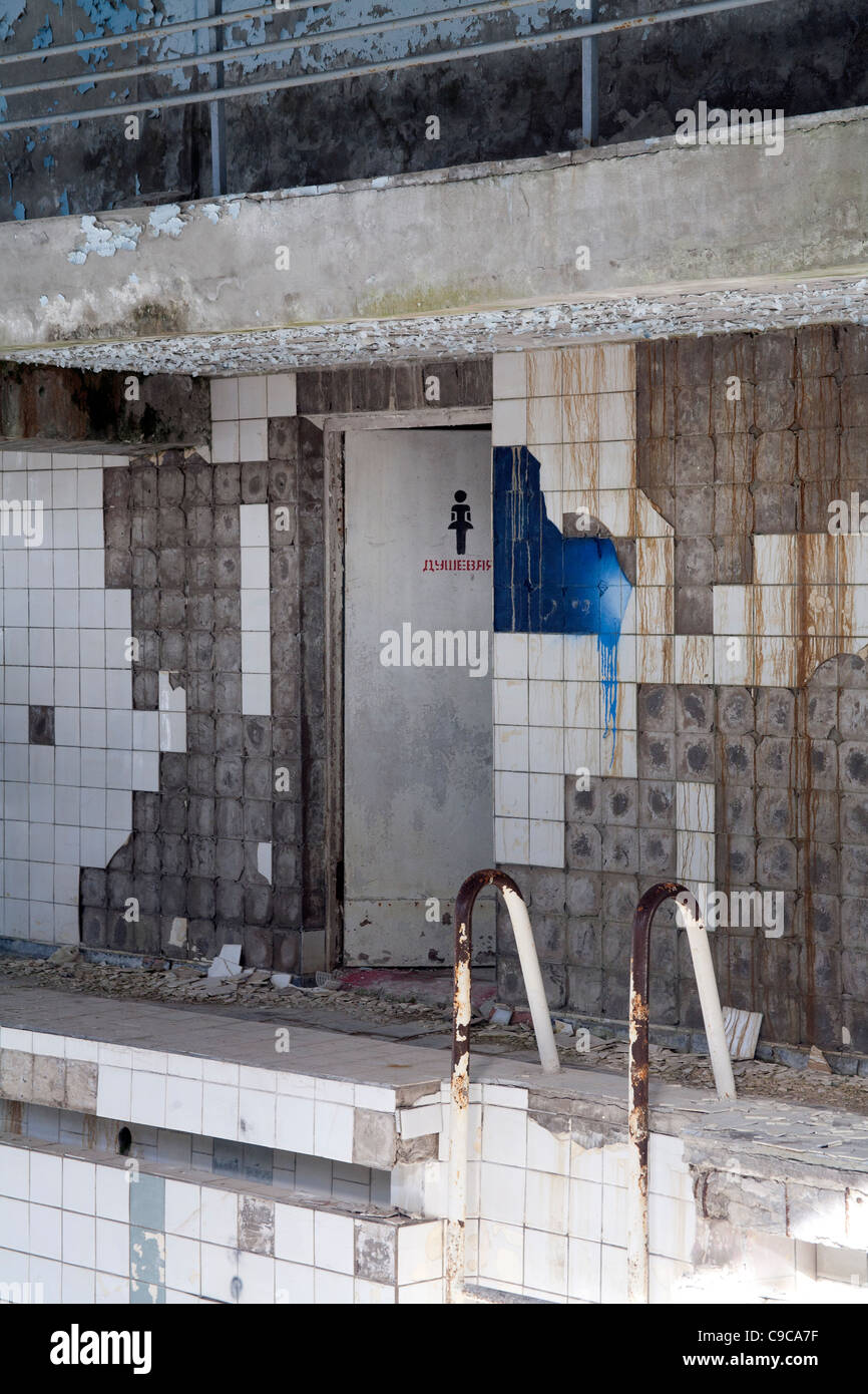 Womens changing room at the abandoned and derelict Azure swimming pool in Pripyat Chernobyl Exclusion Zone Ukraine Stock Photo