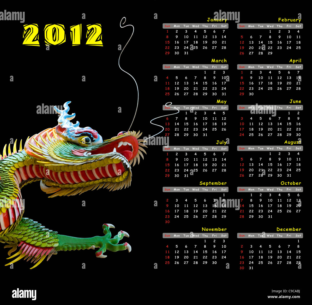 2012 calendar and dragon Stock Photo