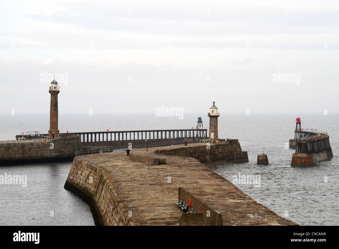 Whitby harbor, town and jetties. Stock Photo