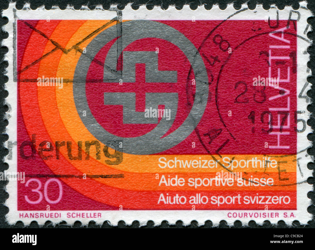 SWITZERLAND 1974: A stamp printed in Switzerland, shows Sports Foundation Emblem Stock Photo