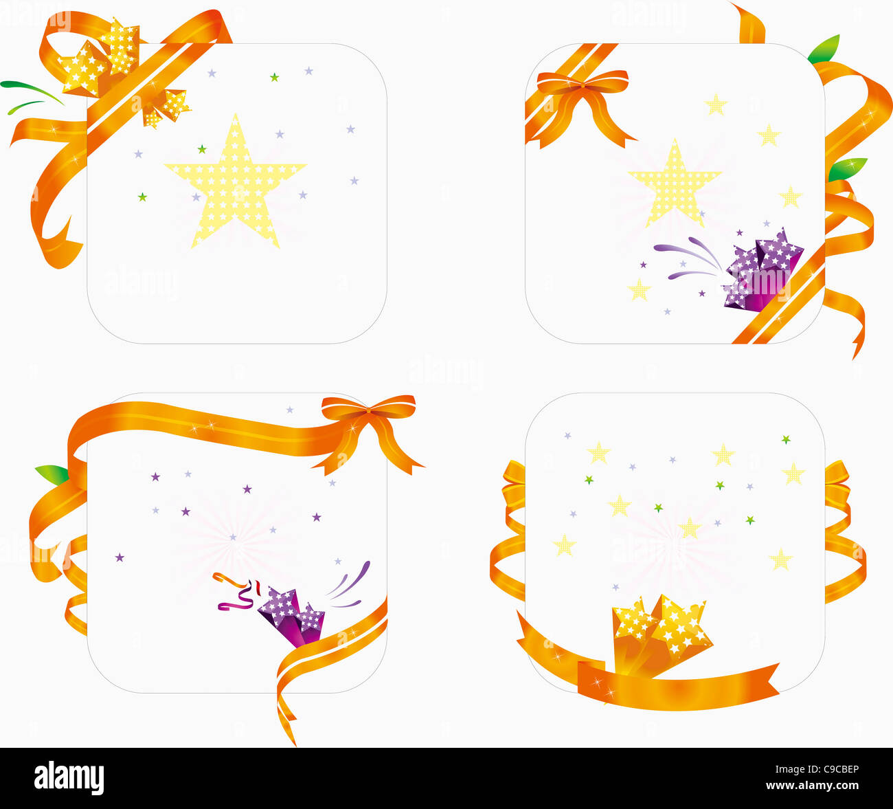 Postcard Ribbon Various square postcards with gold ribbons and stars Stock Photo - Alamy
