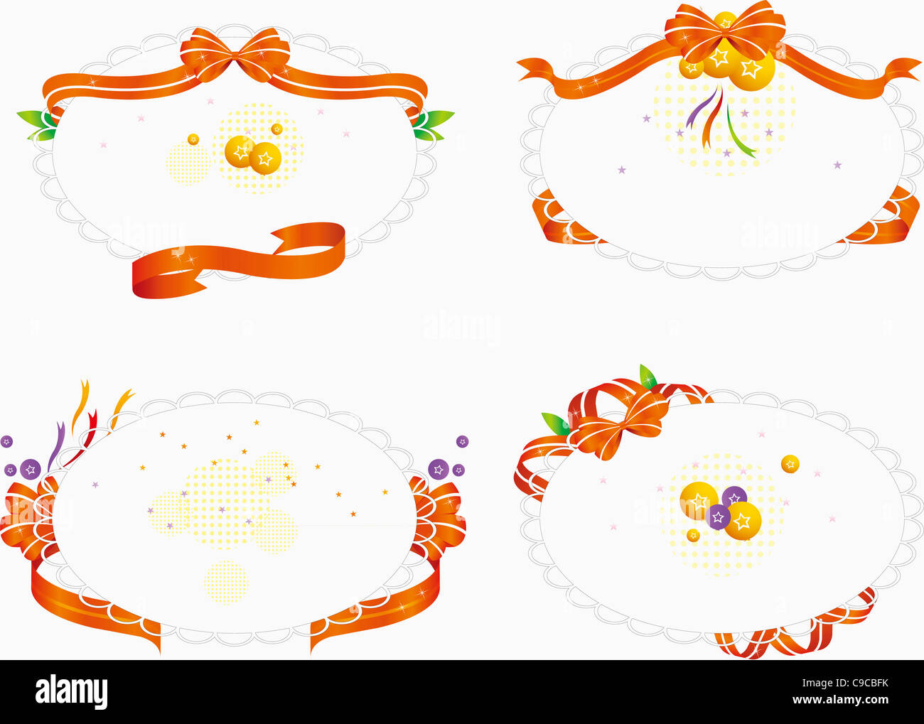 Postcard Ribbon Various oval postcards with orange ribbons and stars Stock Photo - Alamy