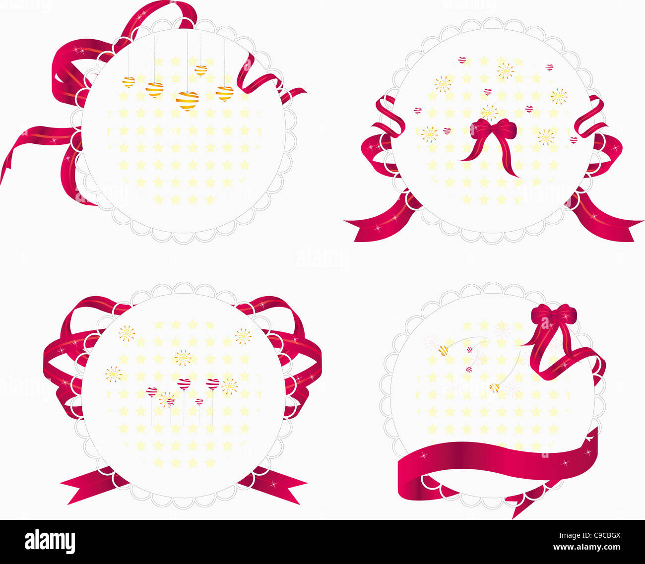 Postcard Ribbon Various round postcards with red ribbons and hearts Stock Photo - Alamy