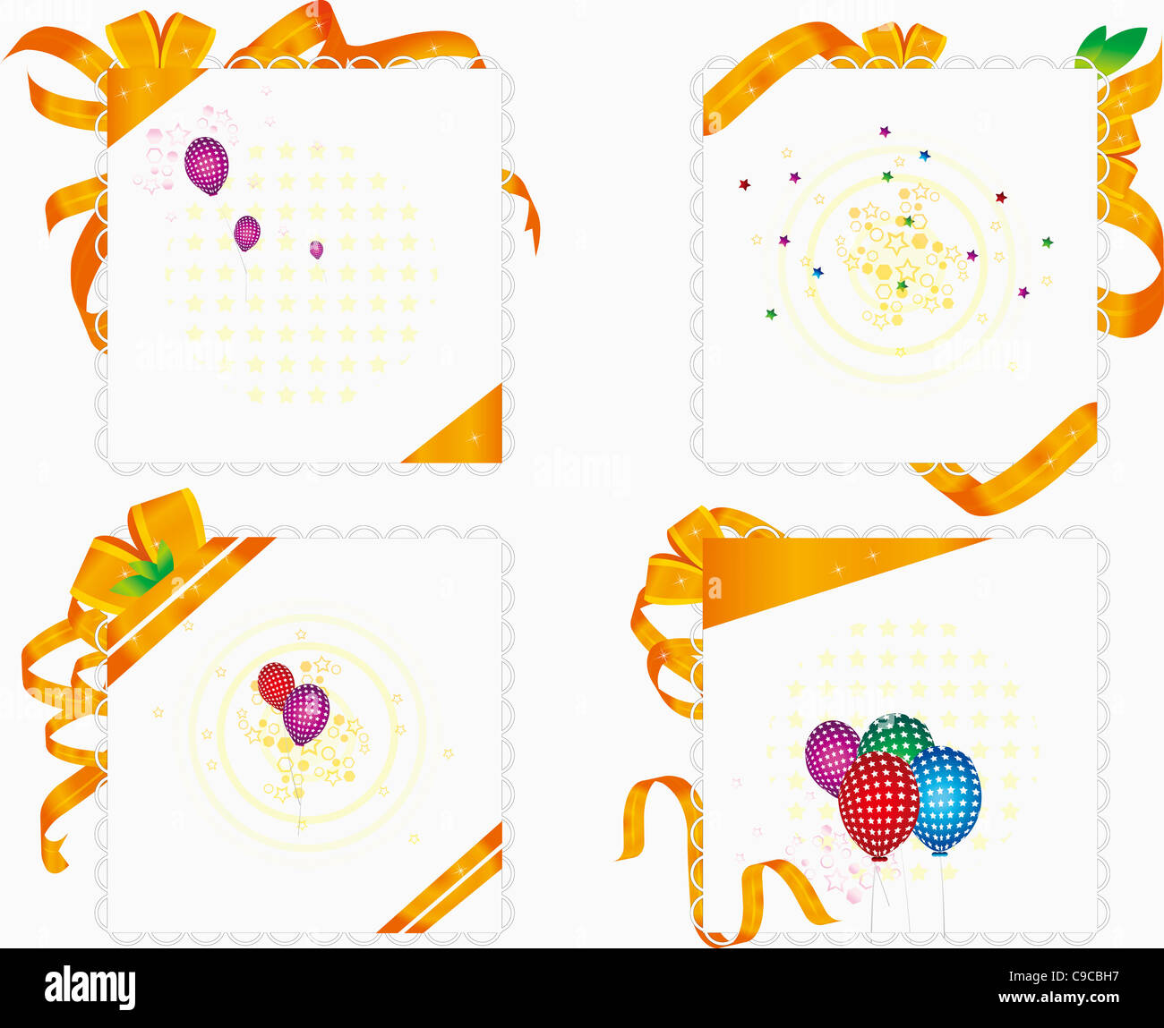 Postcard Ribbon Various square postcards with gold ribbons ad balloons Stock Photo - Alamy