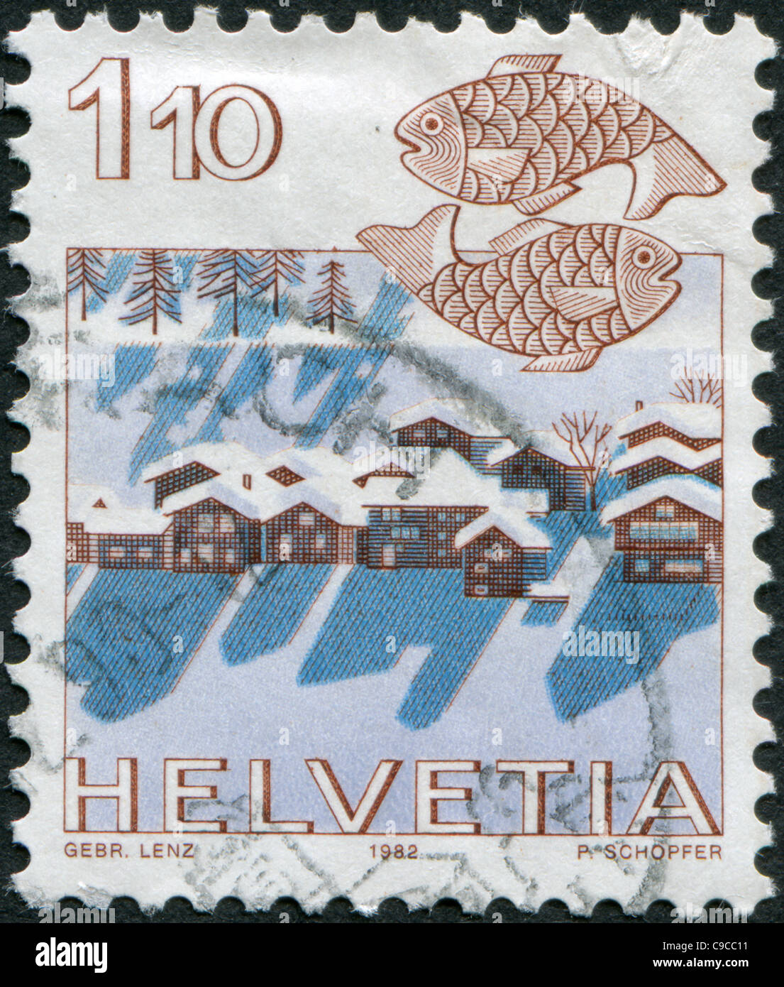 SWITZERLAND 1982: A stamp printed in Switzerland, shows Pisces, Nax near Sion Stock Photo