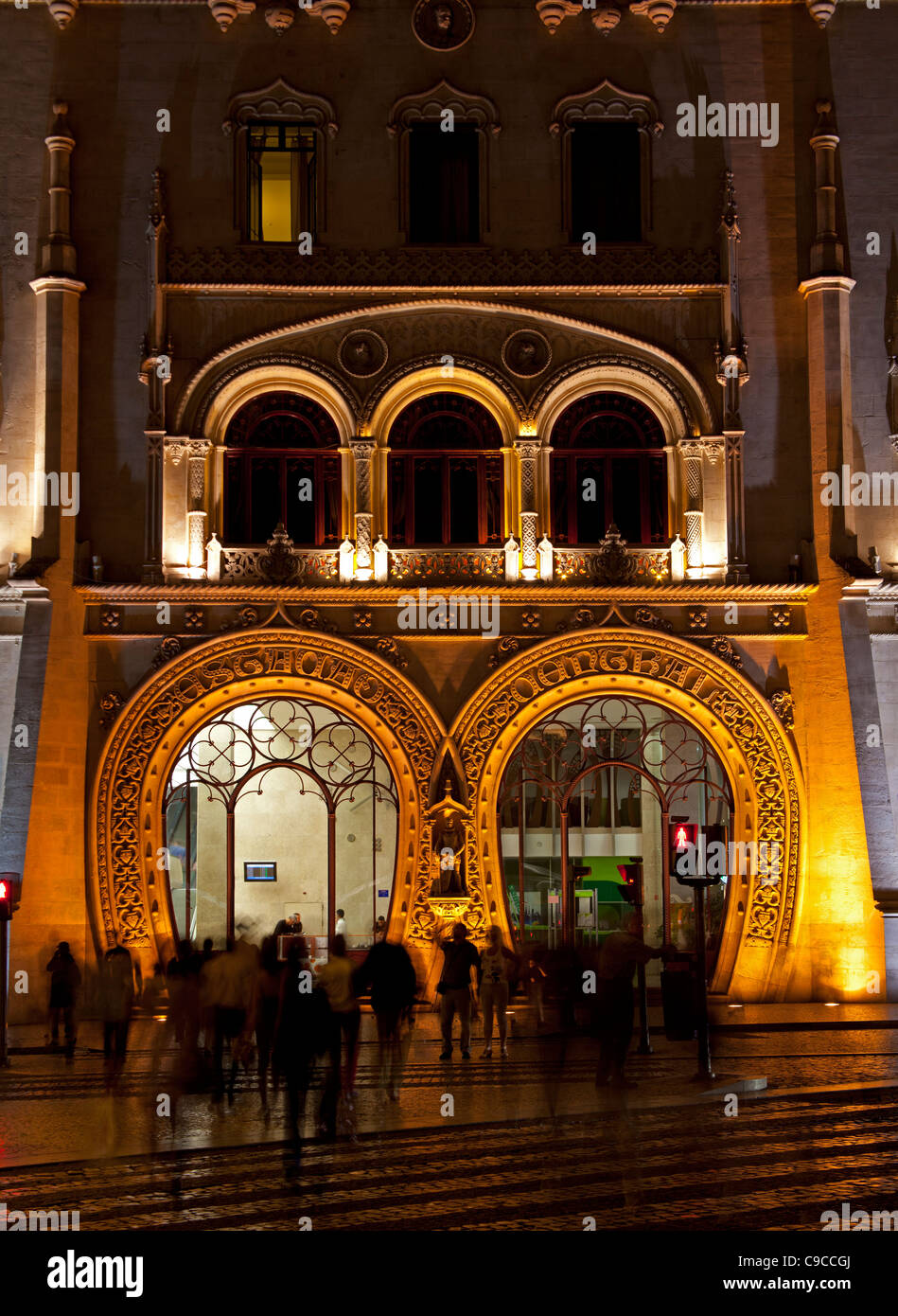 Rossio Station neo-Manueline horshoe shaped entrance, built in 1886-7 by Jose Luis Monteiro, Lisbon Portugal Stock Photo