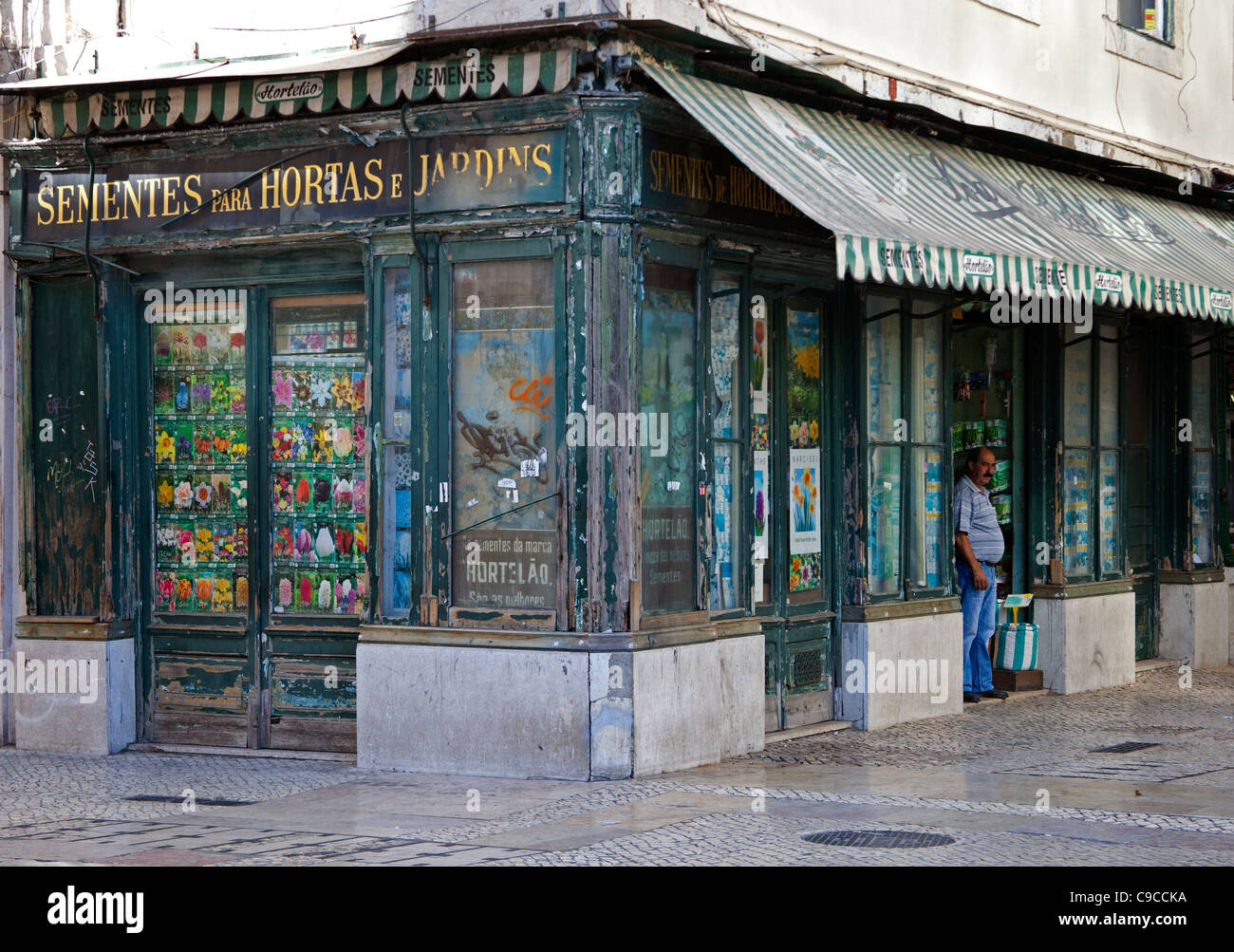 Vintage shopfront in the Rossio district selling garden bulbs and supplies Stock Photo
