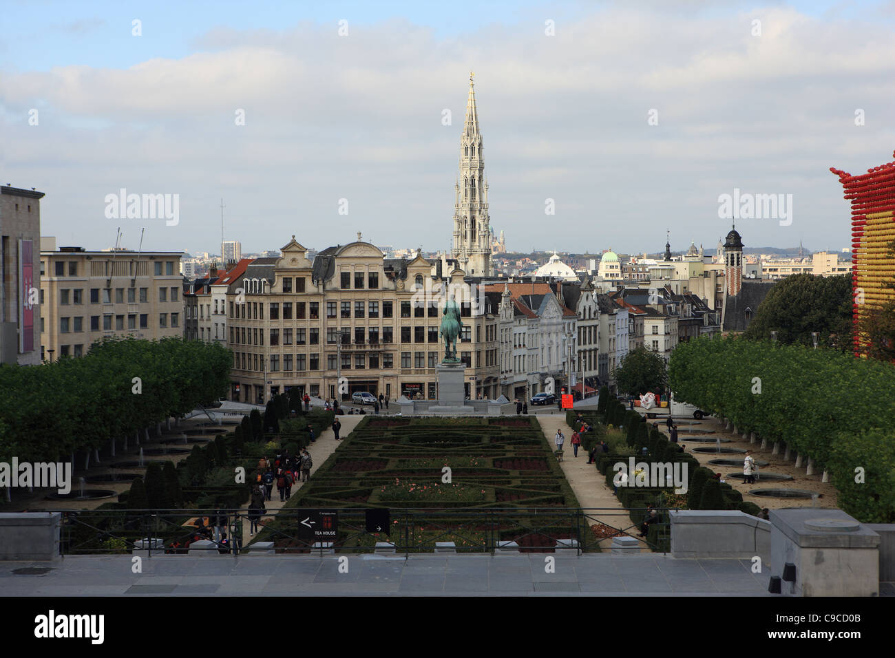 Jardin Mont Des Arts or The Kunstberg with a view over the old centre and the tower of Brussels Town Hall at the Grand Place Stock Photo