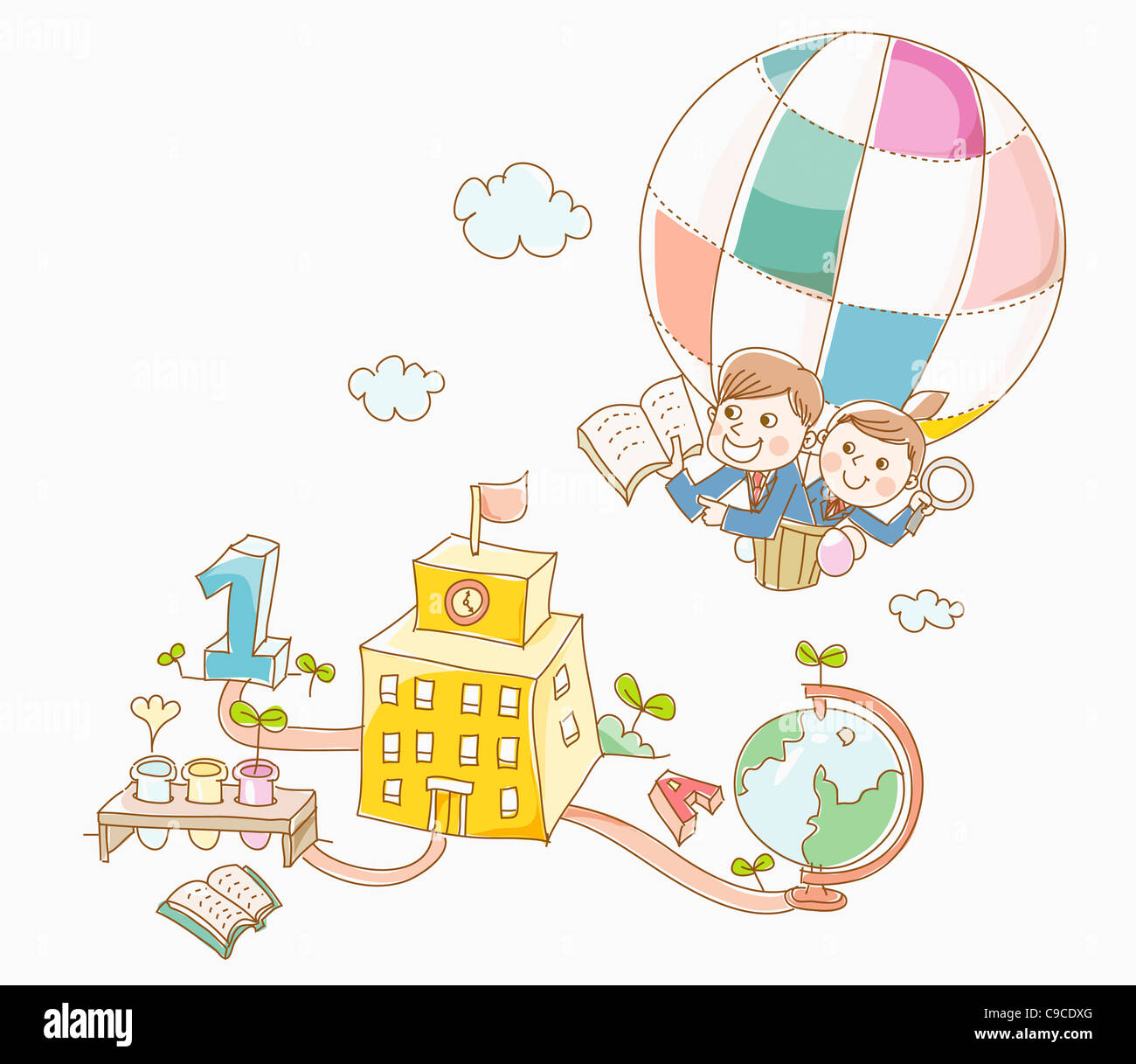 Boy and a girl in school uniform on hot air balloon Stock Photo