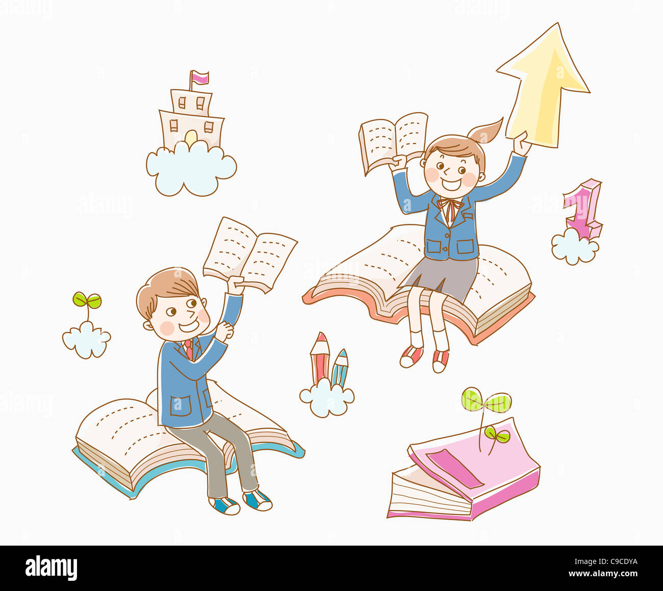 Boy and a girl in school uniform on books Stock Photo - Alamy