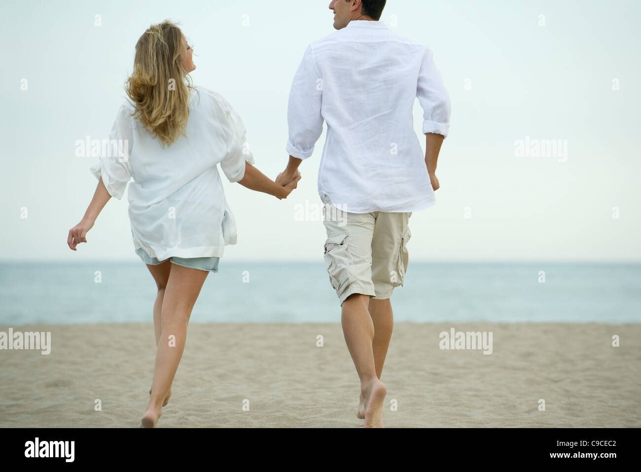 Couple walking hand in hand on beach, rear view Stock Photo - Alamy
