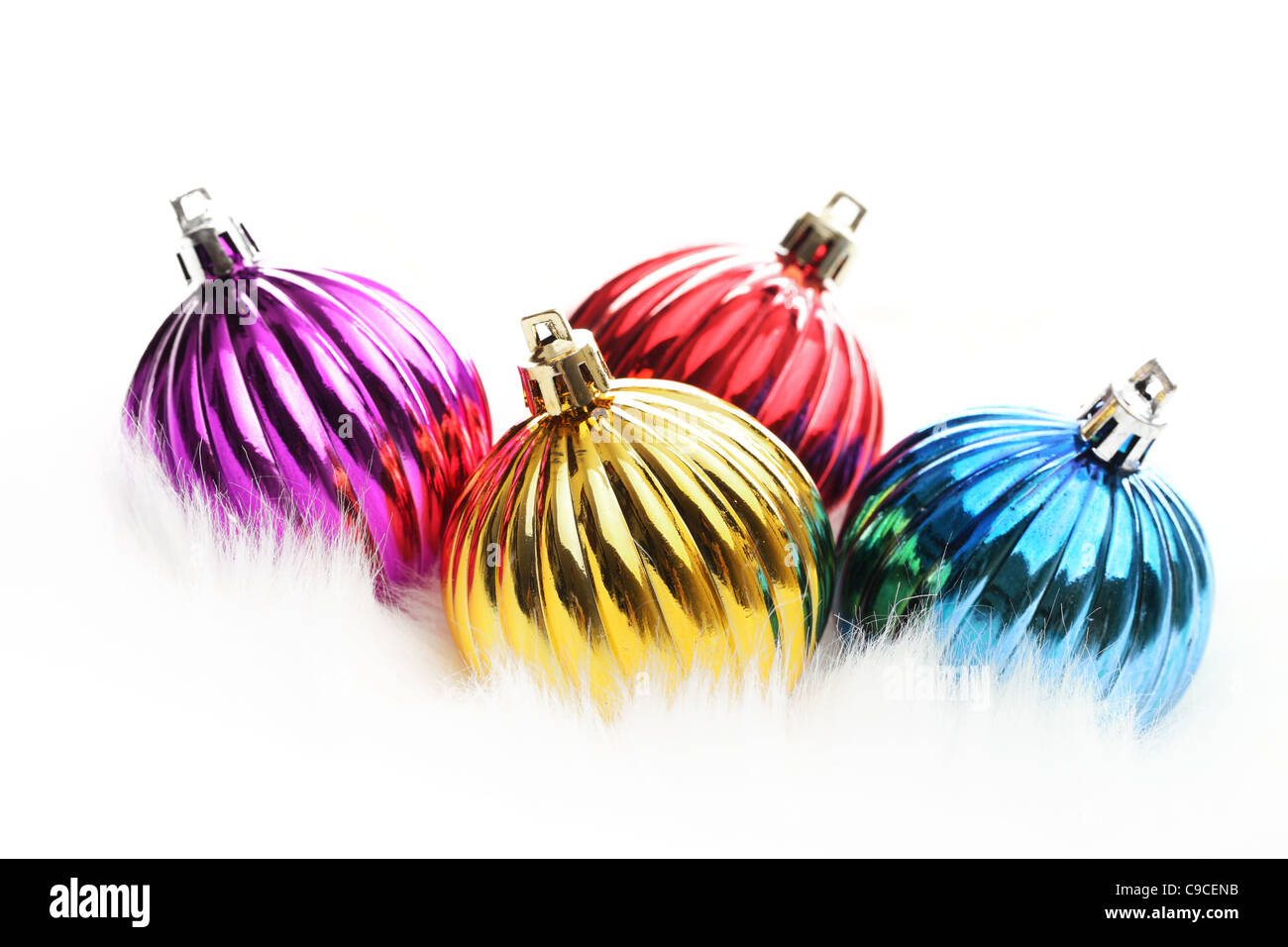 Closeup of Christmas balls in white fluff. Stock Photo