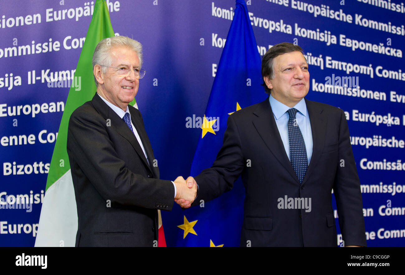 Newly installed Prime Minister of Italy, Mario Monti, meets with European Commission President,  Jose Manuel Barroso. Stock Photo