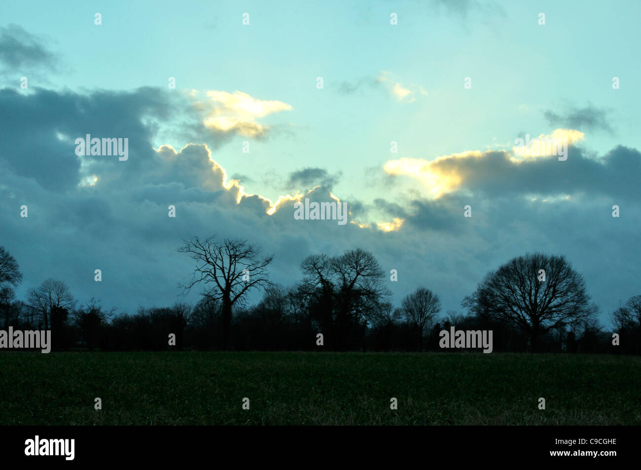 Heavy sky on the grove with stratocumulus in  winter (north Mayenne, Loire country, France, Europe). Stock Photo
